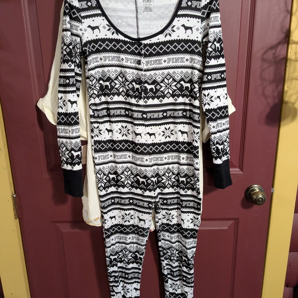 PINK Victoria's Secret Black & White Fair Isle One-Piece Pajama Romper
